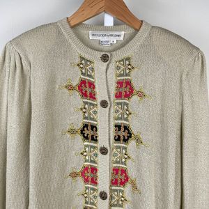 Vintage Umi Collections Knit‎ Sweater Applique Anne Crimmins Beige Small